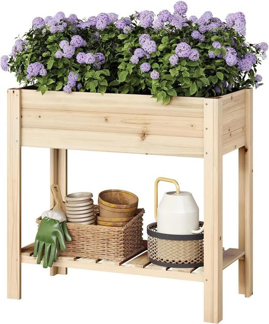 WOLTU Hochbeet aus Tannenholz mit Blumenkasten und Ablageboden, Hellbraun, B/T/H: 80 x 75 x 40 cm - Bild 1