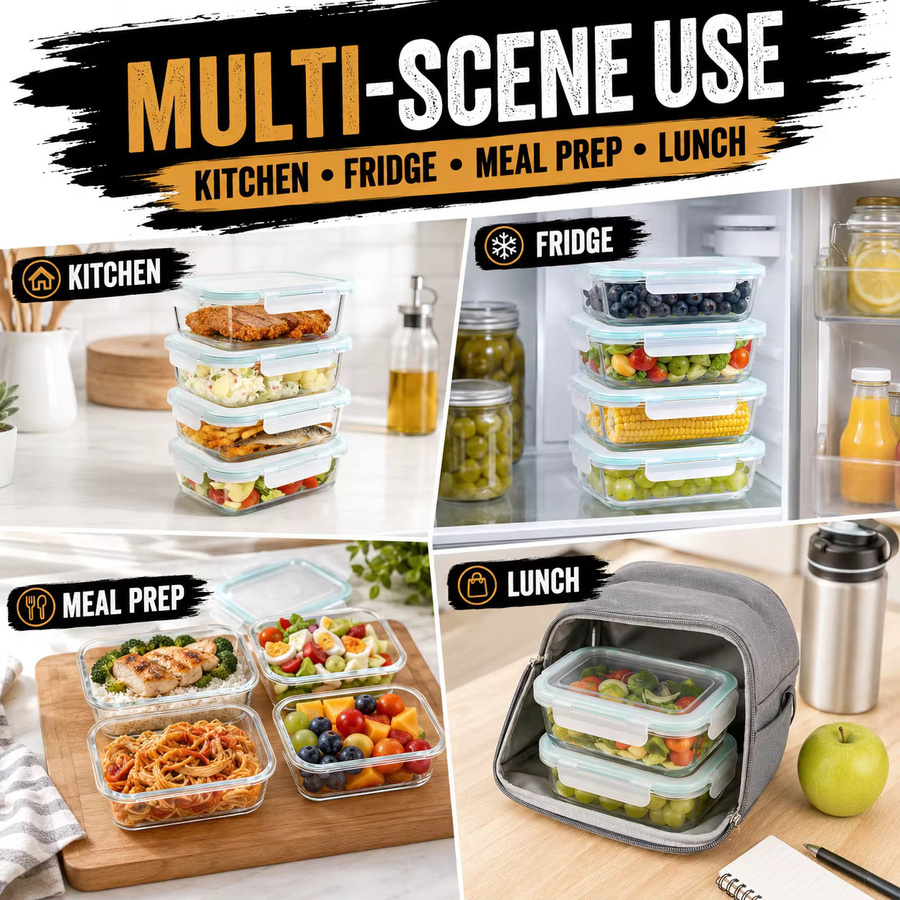 Saeiv 4-teiliges Glas-Aufbewahrungsbehälter-Set mit Deckeln, transparent, 1040 ml pro Behälter, mikrowellen-, gefrier- und spülmaschinenfest - Bild 4