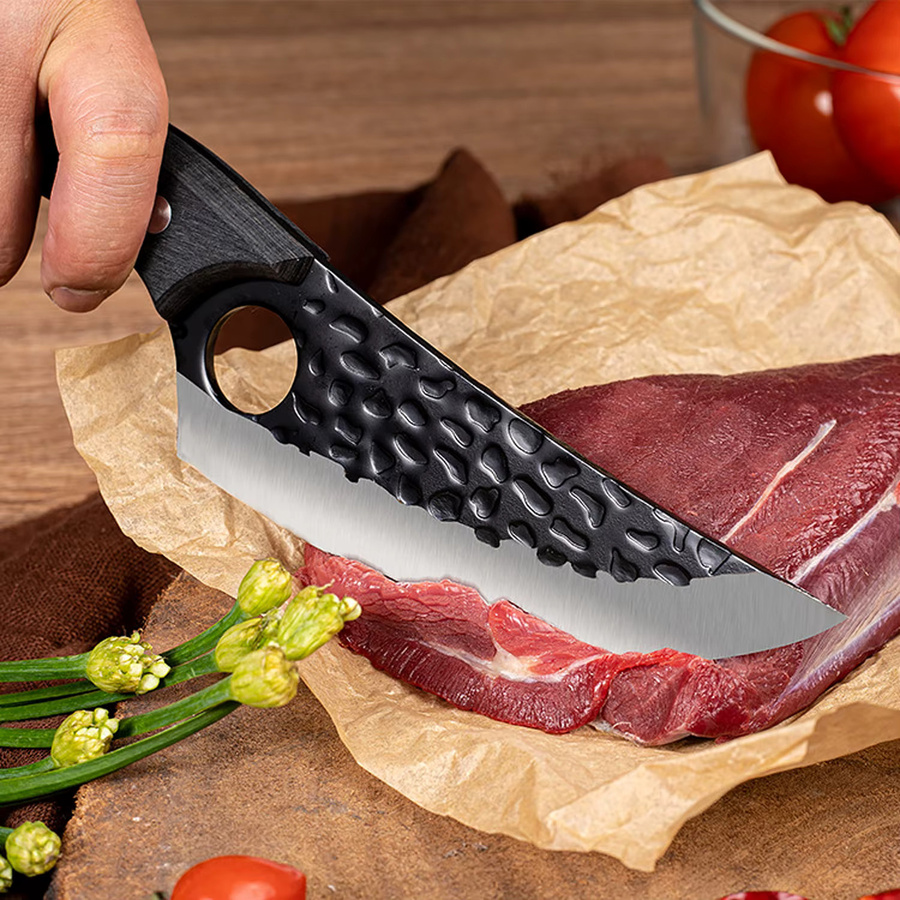 Handgefertigtes Knochenschneidemesser von zxyouping aus geschmiedetem Edelstahl mit Holzgriff und Lederbezug - Bild 2