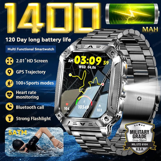GUHUAVMI Outdoor Sport Smartwatch mit 1400 mAh Akku, 5ATM Wasserdichtigkeit, Bluetooth Anruffunktion, Taschenlampe und Gesundheitsmonitor in Grau und Orange - Bild 1