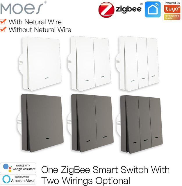 MOES Smart Lichtschalter Tuya ZigBee in Grau, 2/3-Wege Wandlichtschalter ohne Neutralleiter und ohne Kondensator, kompatibel mit Alexa, Google Home und Smart Life App - Bild 1