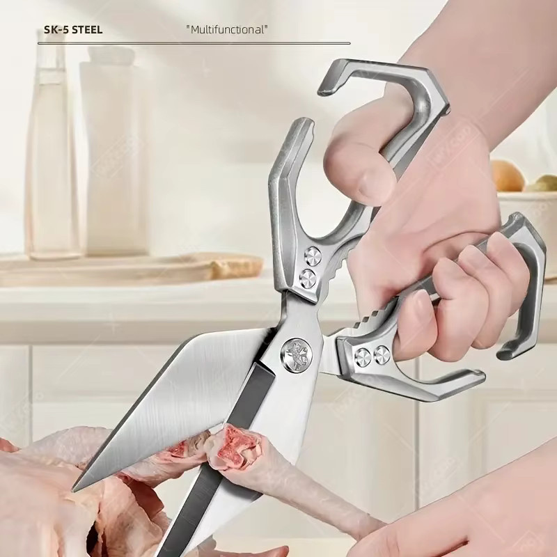 WXCOO Küchenschere aus Edelstahl in Silber als leistungsstarke Dreieckschere zum Schneiden von Fleisch und Hühnerknochen - Bild 4