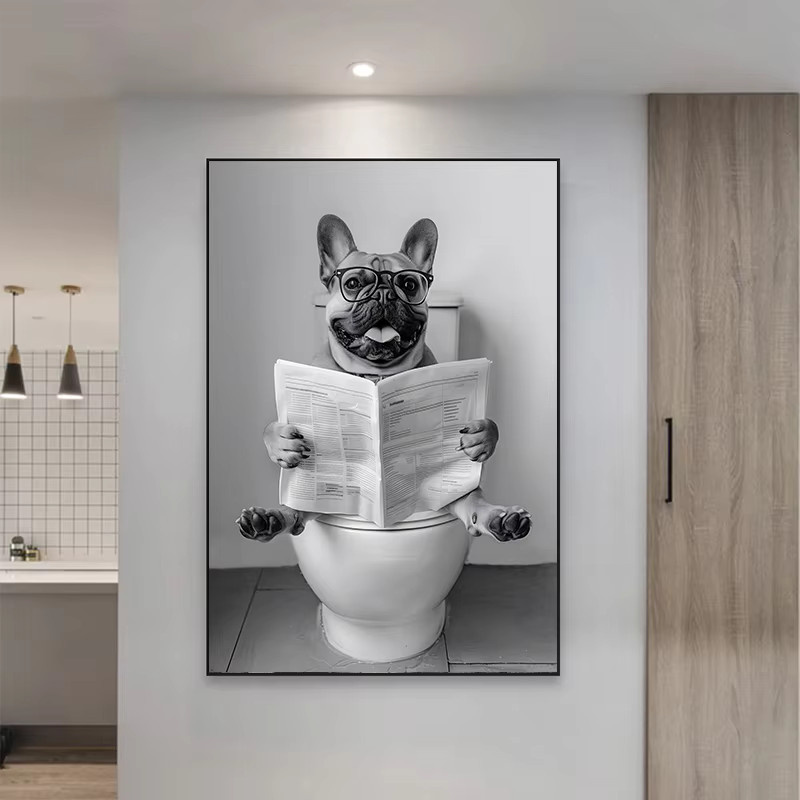 Potdemiel Wandbild Leinwandgemälde mit schwarz-weißer französischer Bulldogge auf der Toilette als Badezimmerdekoration - Bild 2