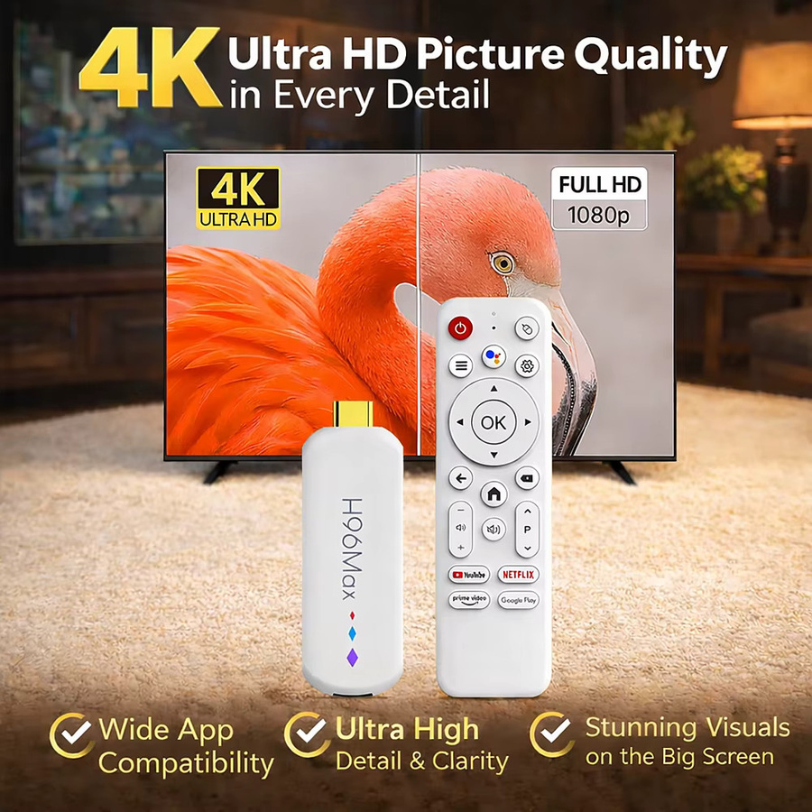 H96 MAX M20 Android TV Stick mit Amlogic S905L Quad Core, 4K UHD, Dual WiFi 2.4G/5G, Bluetooth und Sprachassistent Fernbedienung in Weiß - Bild 3
