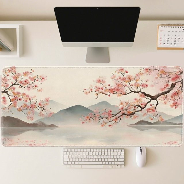 Mairuige Gaming-Mauspad mit Kirschblüten-Landschaftsmalerei in Pink und Multicolour, rutschfeste Schreibtischunterlage für Maus und Tastatur - Bild 1
