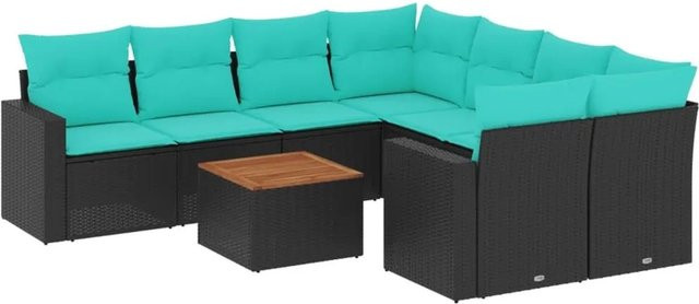 vidaXL 9-teilige Garten-Sofagarnitur aus Poly-Rattan und Akazienholz in Schwarz mit blauen Kissen - Bild 1