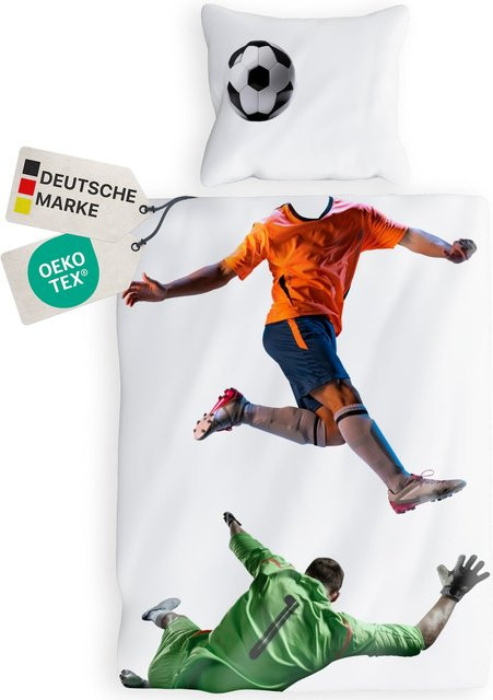 NYVI Renforce Kinderbettwäsche Deluxe aus 100% Baumwolle mit Fußball-Muster, Farbe: Fußball, B/H: 135 x 200 cm - Bild 1