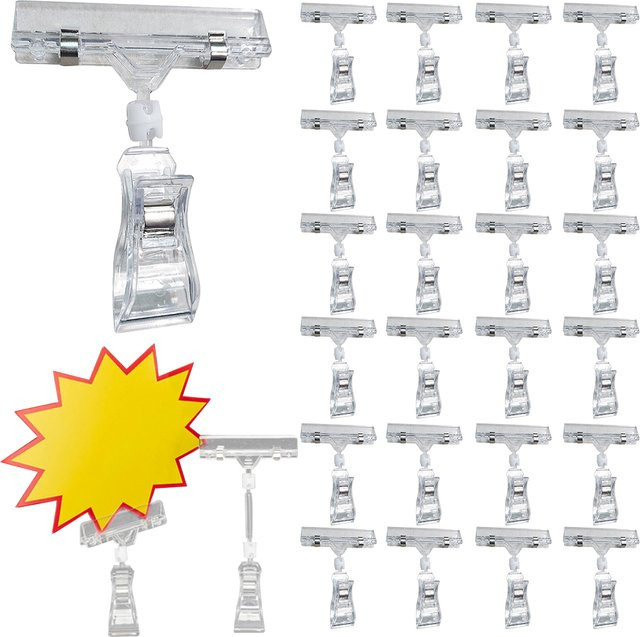 25 Stück APWIKOGER Kunststoff-Schilderhalter-Clips in Transparent, drehbare Doppelkopf-Display-Clips für Einzelhandels-Racks und Körbe - Bild 1