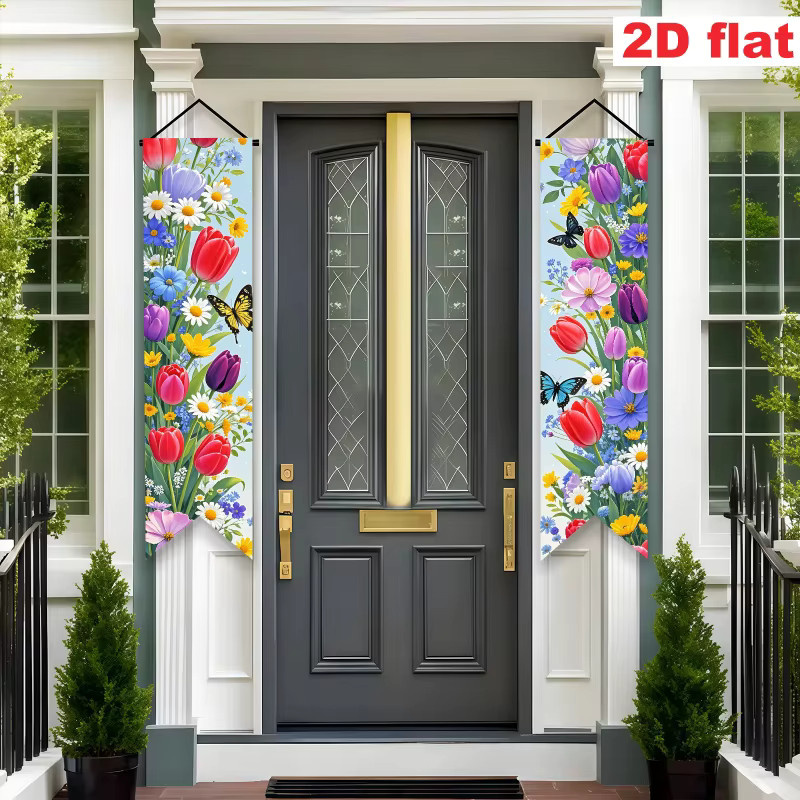 VIKAMA Frühlingsblumen-Veranda-Banner mit Tulpen- und Schmetterlingsdruck, Mehrfarbiges 2D-Flachdekorationspanel für Oster- und Frühlingspartys, B: 120 cm, H: 30 cm - Bild 6