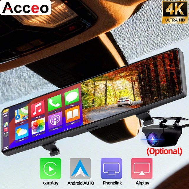 Acceo 4K Dashcam Rückspiegel mit Android Auto und Wireless CarPlay, Schwarz, inklusive WLAN und 1080P Rückfahrkamera - Bild 1
