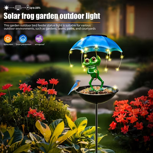 Leclstar Solarbetriebene Frosch-Gartenlampe mit LED-Lichterkette, automatischer Vogelfutterspender und Kolibri-Futtertrog in Grün - Bild 1