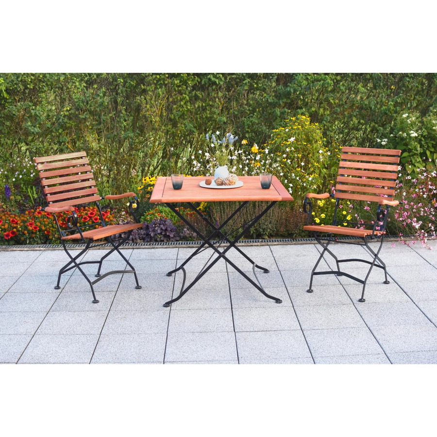 Merxx Schlossgarten Gartenmöbelset 3-teilig mit Klapptisch aus Eukalyptus und Flachstahl, Schwarz/Braun, B/T/H: 90 x 90 x 74 cm - Bild 2