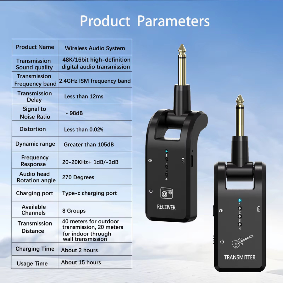 Kabelloses Gitarrensystem 2,4 GHz mit 8 Kanälen, wiederaufladbares Audiosystem mit Sender und Empfänger für Gitarre und Bass, Schwarz - Bild 3