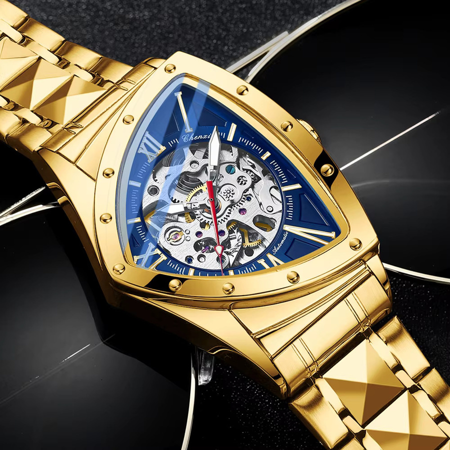 CHENXI Armbanduhr Herren, Quarz, Edelstahl, Gold, Blau, Tonneau - Bild 2