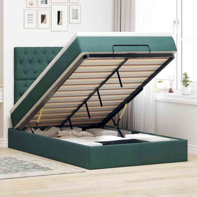 Vidaxl Ottoman Polsterbett mit Matratze und LED in Dunkelgrün aus Samt, B/T: 120 x 200 cm - Bild 1
