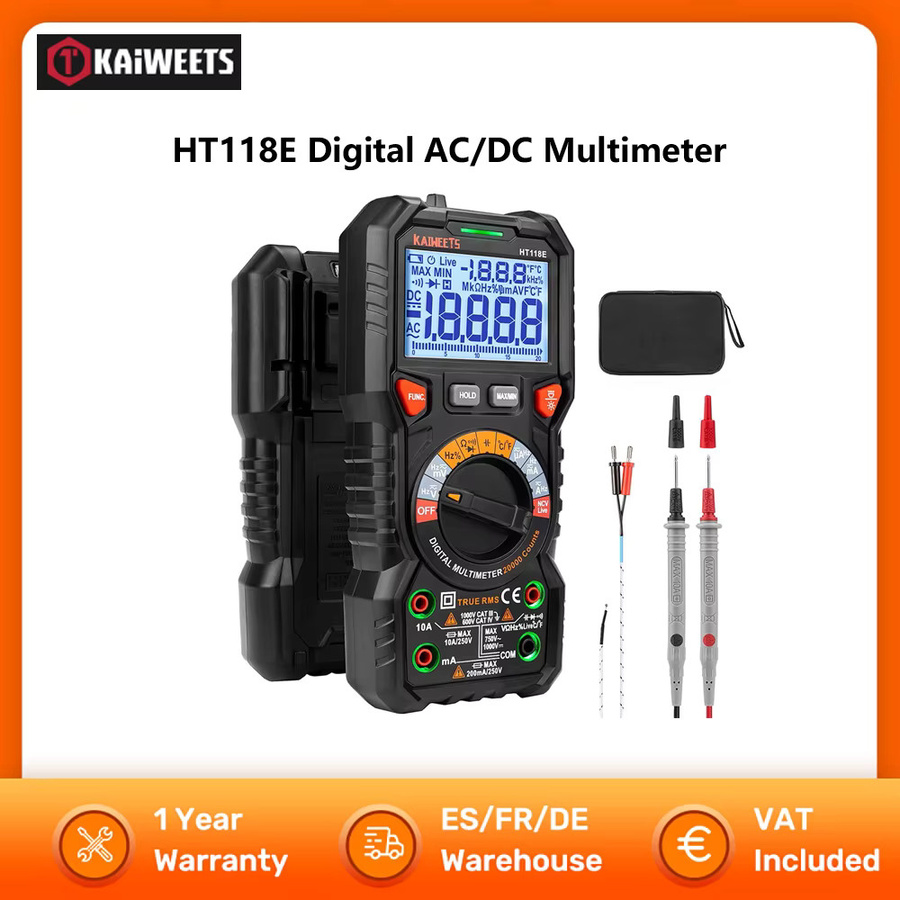 KAIWEETS HT118E Digitales AC/DC-Multimeter TRMS mit 2,7-Zoll-Display und LED-Blitzbuchsen in Schwarz - Bild 2