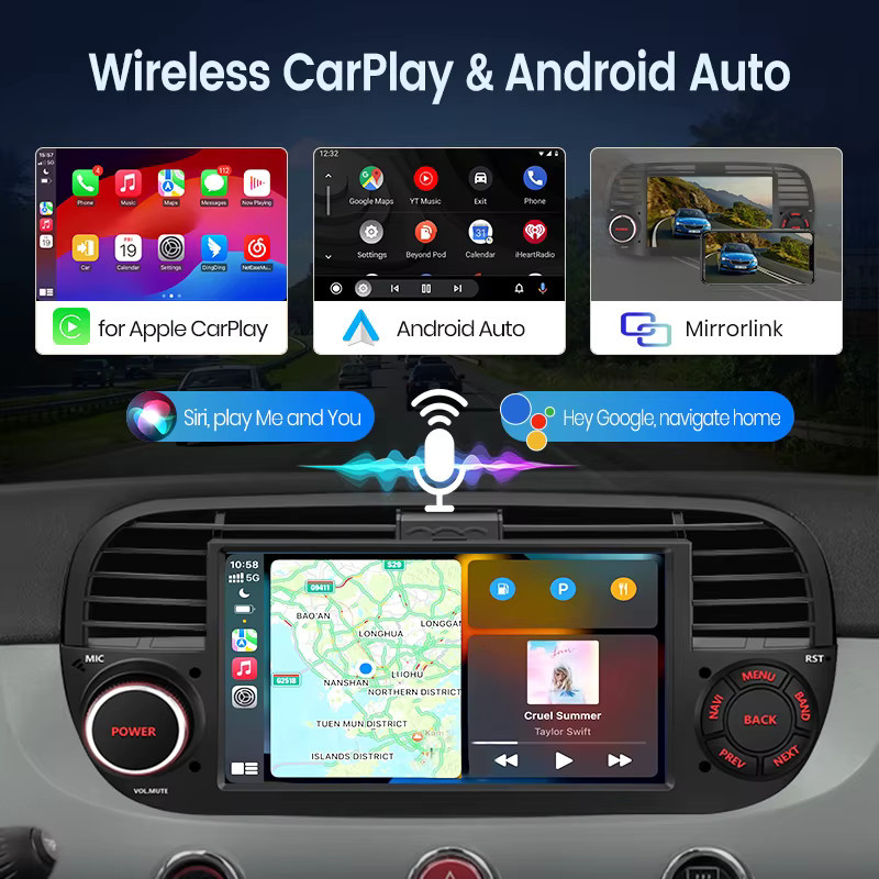 Junsun Android Multimedia System für Fiat 500 und 500C Abarth (2007 bis 2015) mit Touchscreen, kabellosem CarPlay, Android Auto, GPS Navigation, Bluetooth, USB und Wifi in Schwarz - Bild 4