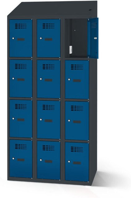 rotstahl Fächerschrank mit 12 Fächern und Ladefunktion in Dunkelblau mit anthrazitgrauem Korpus, Breite: 90 cm, Höhe: 200 cm - Bild 1