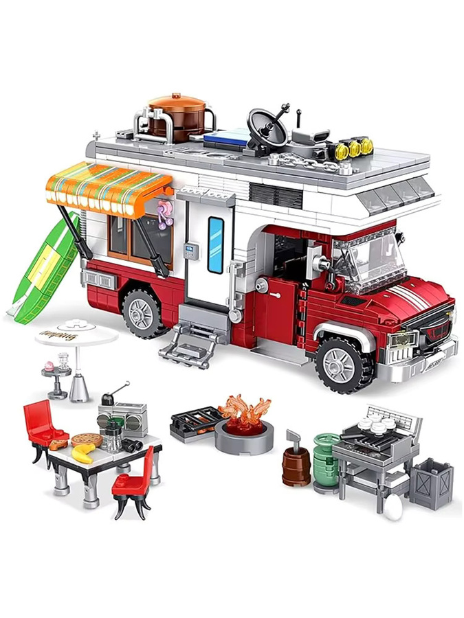 CONUSEA Urlaubs-Campingbus-Bausatz, Wohnmobil-Modell, mit LED-Beleuchtung und Outdoor-Grillzubehör - Bild 7
