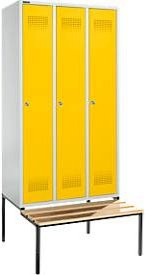 Schäfer Shop Genius Kleiderspind mit Sitzbank, 3 Abteile, Zylinderschloss, lichtgrau/rapsgelb, B/T/H: 300 mm Abteilbreite - Bild 1
