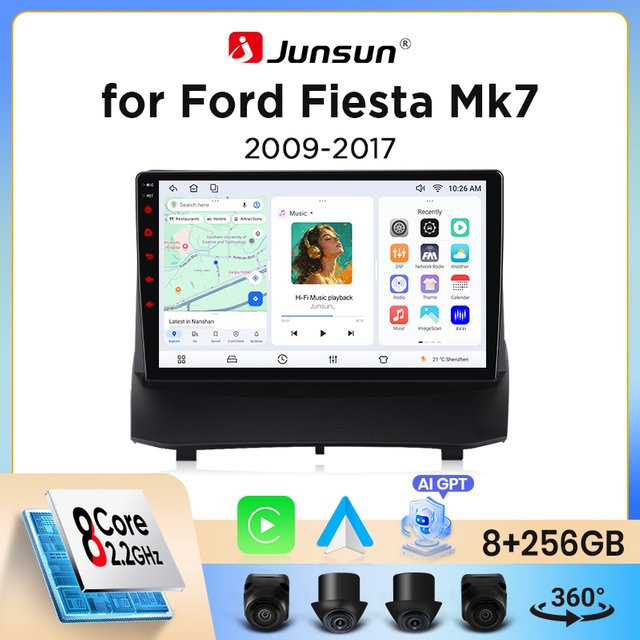 Junsun Wireless CarPlay und Android Auto Autoradio für Ford Fiesta Mk7 (JA8/JR8) 2008-2017 mit GPS, WiFi, Bluetooth, DSP, RDS und IPS-Touchscreen in Schwarz - Bild 1