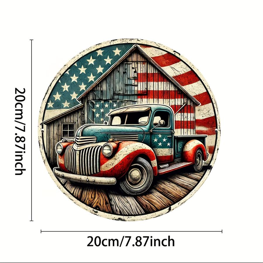Potdemiel Rundes Metallschild Vintage Blue Truck mit amerikanischer Flagge, Durchmesser: 20,32 cm, Blau - Bild 2