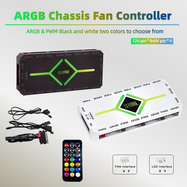 CX FUTRUE Dual Nine-Way ARGB Hub Controller Schwarz, 5V 3-Pin Beleuchtungssynchronisation und PWM 4-Pin Lüftersteuerung - Bild 1