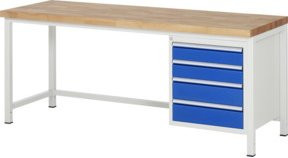 RAU Werkbank höhenverstellbar mit 4 Schubladen aus Buchenholz und Stahl, Grau/Blau, B/T/H: 200 x 70 x 84 - 104 cm - Bild 1