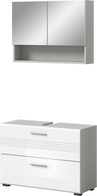 Inn.Furn Badmöbel-Set Carlo 2-teilig in Weiß und Grau Hochglanz mit Spiegelschrank und Waschtischunterschrank inklusive Soft-Close-Funktion, Breite: 80 cm - Bild 1