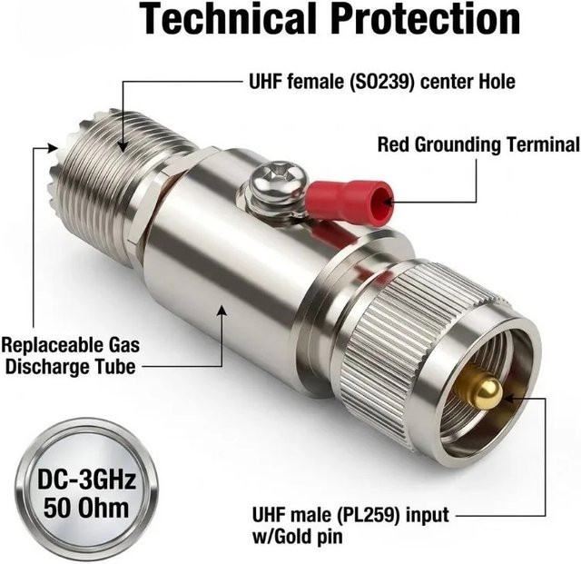 AEVYVKV UHF-Überspannungsschutz mit SO239 Buchse auf PL259 Stecker, 50 Ohm Gasentladung für WLAN-Funkgeräte, Silber - Bild 1