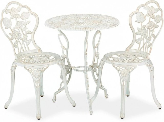 Relaxdays Balkongarnitur aus Aluminiumguss in Weiß und Bronze, 3-teiliges Gartenmöbel-Set mit floralem Muster für Balkon, Garten und Terrasse - Bild 1