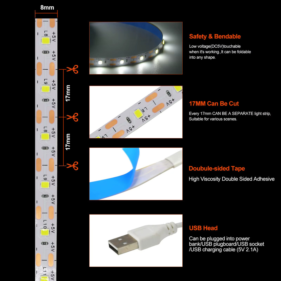 XUNATA Batteriebetriebener LED-Streifen 3528 mit 60 LEDs für TV-Hintergrundbeleuchtung und Schrank, DC5V, wasserdicht nach IP21 - Bild 4