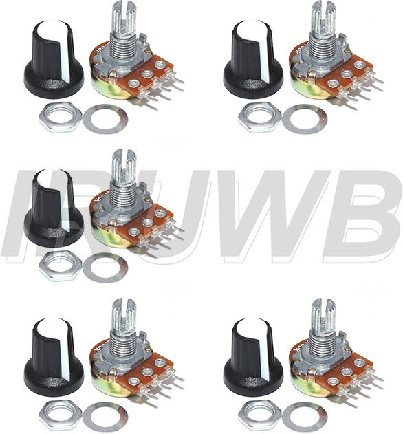 5er Set IRUWB WH148 Lineare Kegel-Drehpotentiometer mit weißer Kappe, 3-polig, 15 mm Achse für Arduino, verschiedene Widerstände (1K, 10K, 20K, 50K, 100K, 500K Ohm), Farbe: Weiß - Bild 1