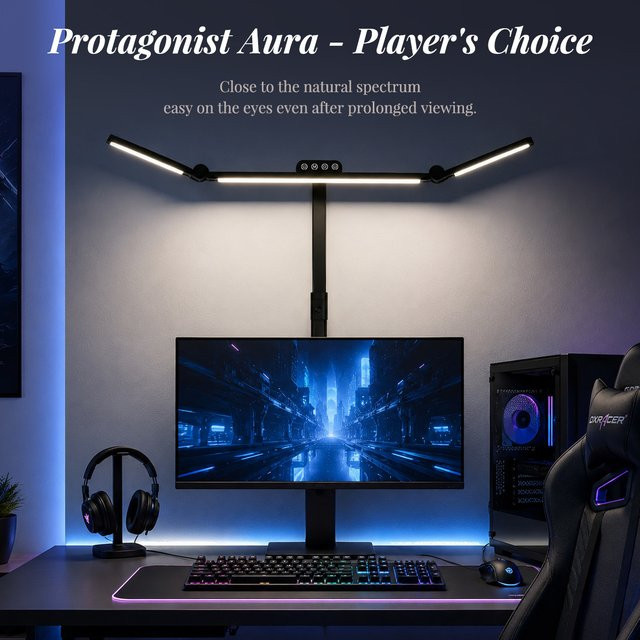 Dimmbare Dreikopf-LED-Tischleuchte in Schwarz mit Sockel und Klemme, Augenschonende Schreibtischlampe mit 5 Farbmodi, Zeitschaltuhr und verstellbarem Winkel für Home-Office und Dual-Monitor-Setups - Bild 1
