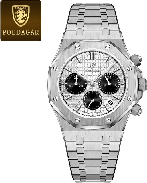 POEDAGAR Chronograph Armbanduhr, Edelstahl, Quarz, Grau, Herren - Bild 1