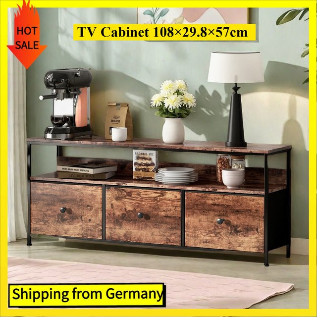 Comanlai Vintage-TV-Schrank in Braun mit 3 Stoffschubladen und LED-Leuchten, B/T/H: 108 x 29,8 x 57 cm - Bild 1