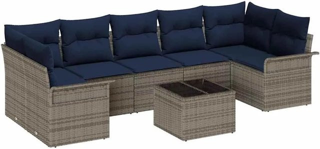 vidaXL Gartensofa-Set aus Poly-Rattan in Grau und Blau mit 8 Kissen und Tisch - Bild 1