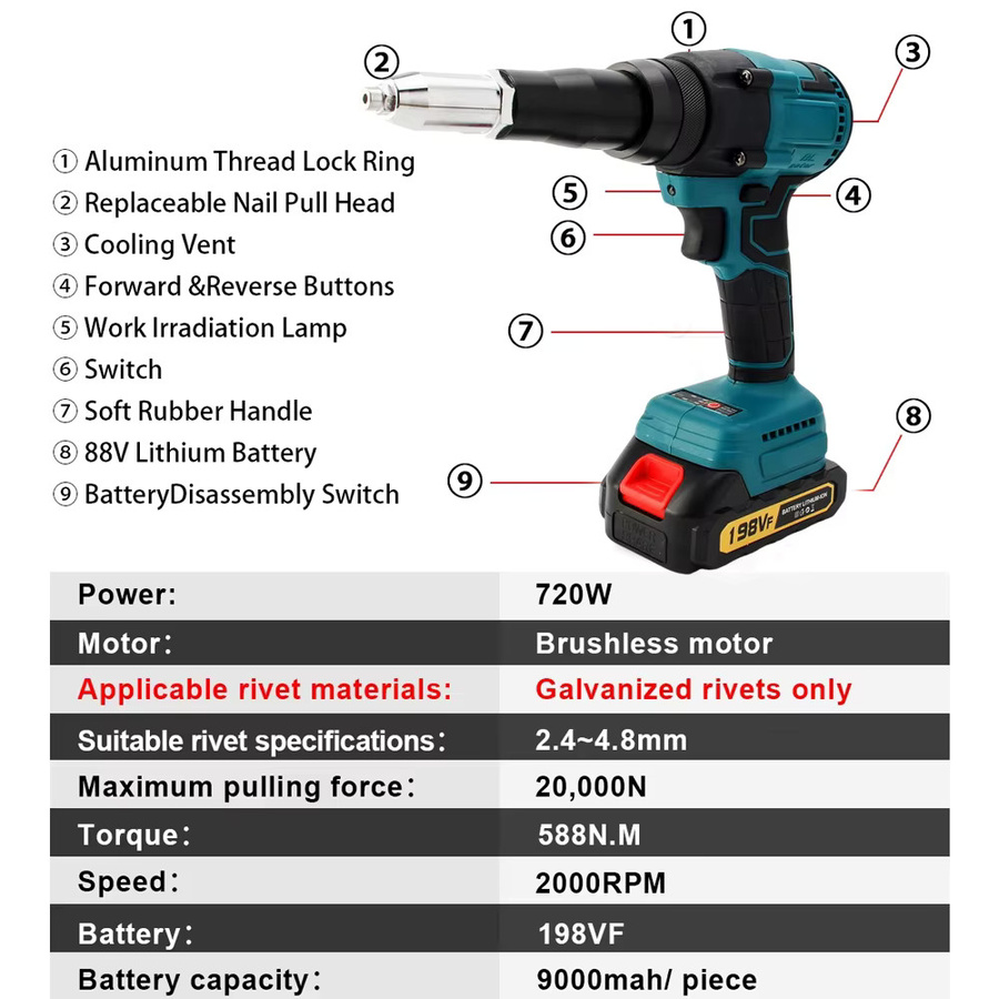 Bürstenlose elektrische Nietpistole von Makita für 18V Akku, kabellose Nietmutternpistole für 2,4 bis 4,8 mm, automatische Nietwerkzeuge - Bild 2