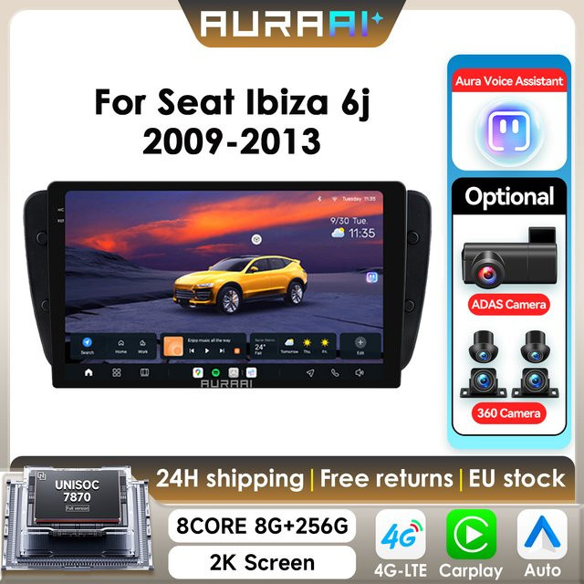 AURAAI Android Autoradio für Seat Ibiza 6j (2009-2013) mit 2K Bildschirm, 8GB RAM, 256GB Speicher, CarPlay, Android Auto, 4G, WiFi, GPS, Bluetooth und 360 Grad Kamera in Schwarz - Bild 1