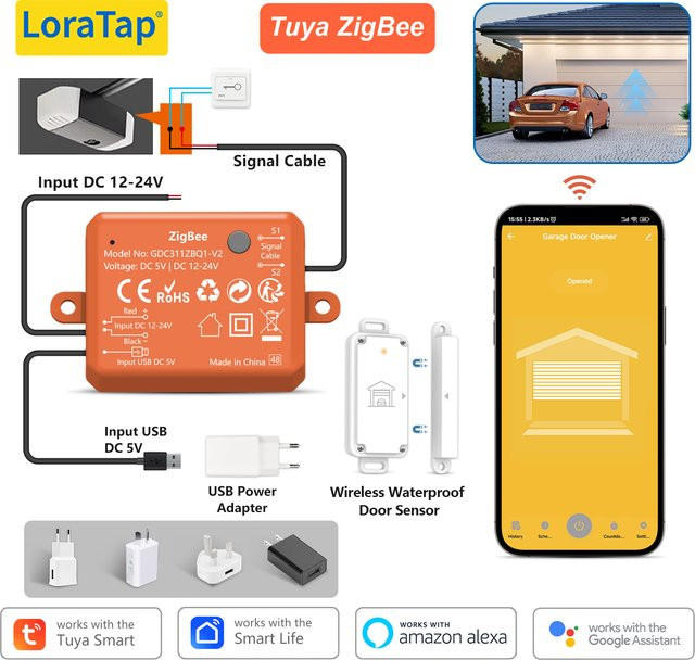 LoraTap Tuya ZigBee Garagentoröffner-Controller mit wasserdichtem Türsensor, Smart Life Fernbedienung, kompatibel mit Google Assistant und Alexa - Bild 1