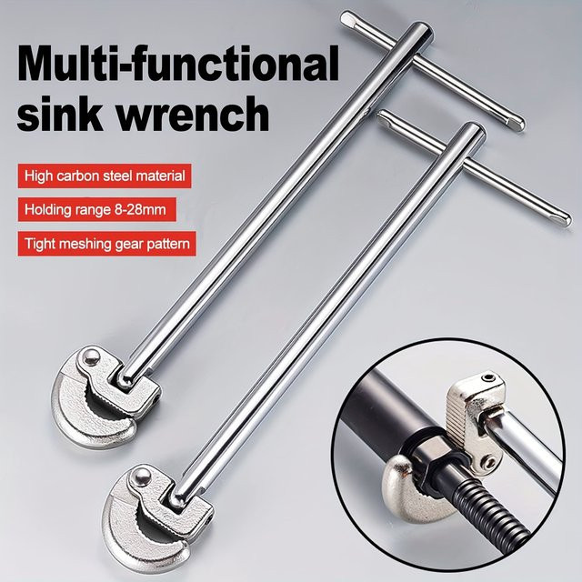 Multifunktionaler verstellbarer Waschbeckenschlüssel aus Metall in Silber für Wasserhähne, Badezimmerrohre und Abflussinstallationen - Bild 1