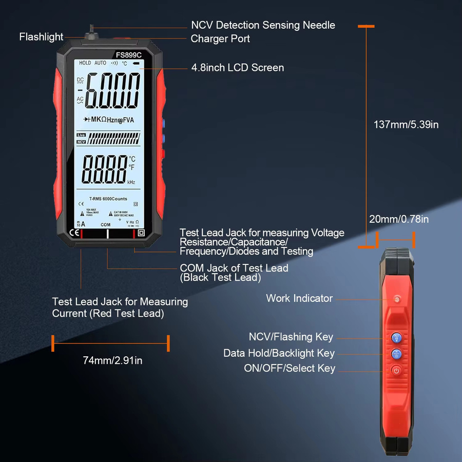 TOOLTOP Digital Multimeter FS899C mit 4,8 Zoll großem LCD-Bildschirm, NCV-Funktion und Lithium-Batterie, Schwarz - Bild 2