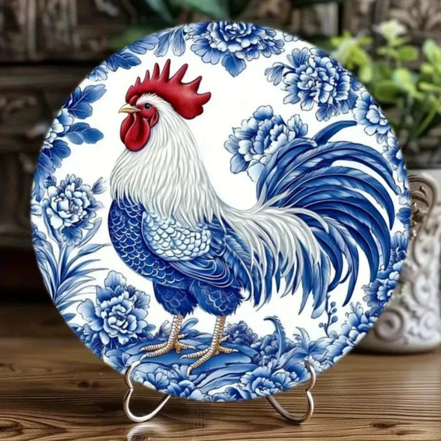 CIFBUY Wandkunst Hahn aus Aluminium in Blau-Weiß mit floralem Design als dekorative Wandplatte - Bild 5