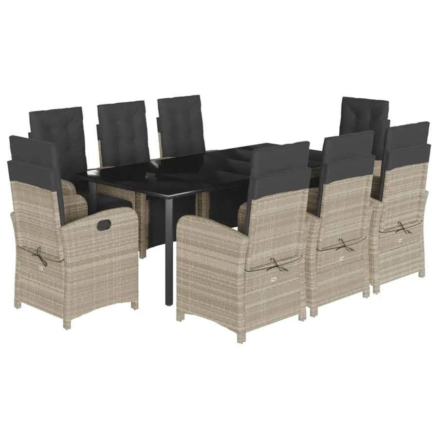 vidaXL 9-teilige Garten-Essgruppe aus Poly-Rattan mit Kissen in Hellgrau und Schwarz mit Hartglas-Tischplatte - Bild 2