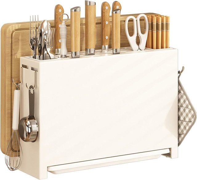 Yiran Furniture Küchenmesser-Trockenhalter mit integriertem Schneidebrett und Essstäbchen-Aufbewahrungsregal in Weiß und Beige - Bild 1