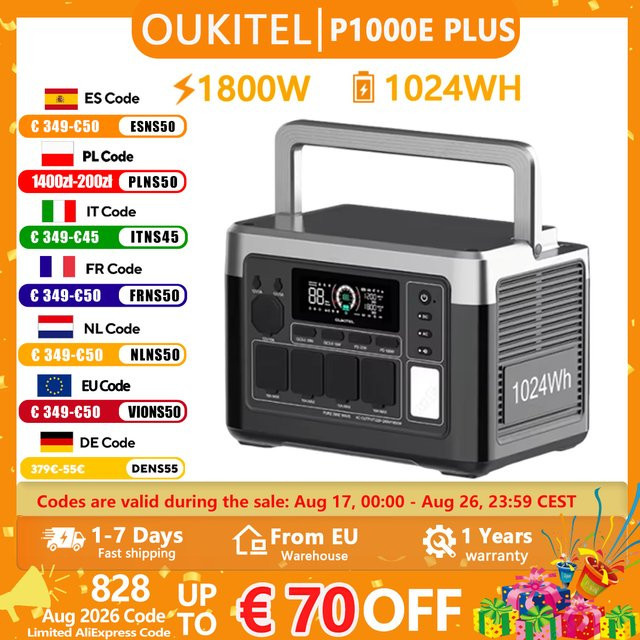 OUKITEL P1000E PLUS Tragbare Powerstation 1800W mit 1024Wh LiFePO4-Akku Solargenerator in Grau - Bild 1