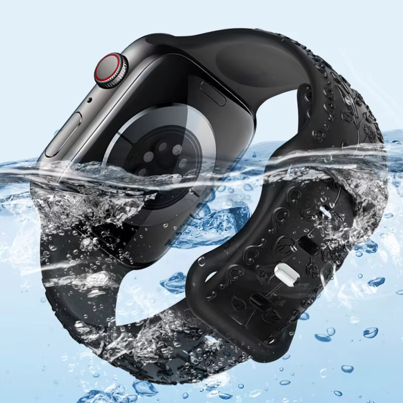 Uhrenarmband Silikon, Blumen Gravur, Schwarz, Unisex - Bild 1