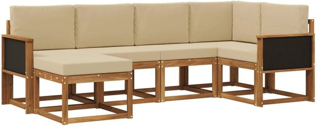 vidaXL Outdoor-Sofagarnitur aus Akazienmassivholz in Natur und Beige, 6-teiliges L-Shape Gartenmöbel-Set mit Polstern für Terrasse und Garten - Bild 1