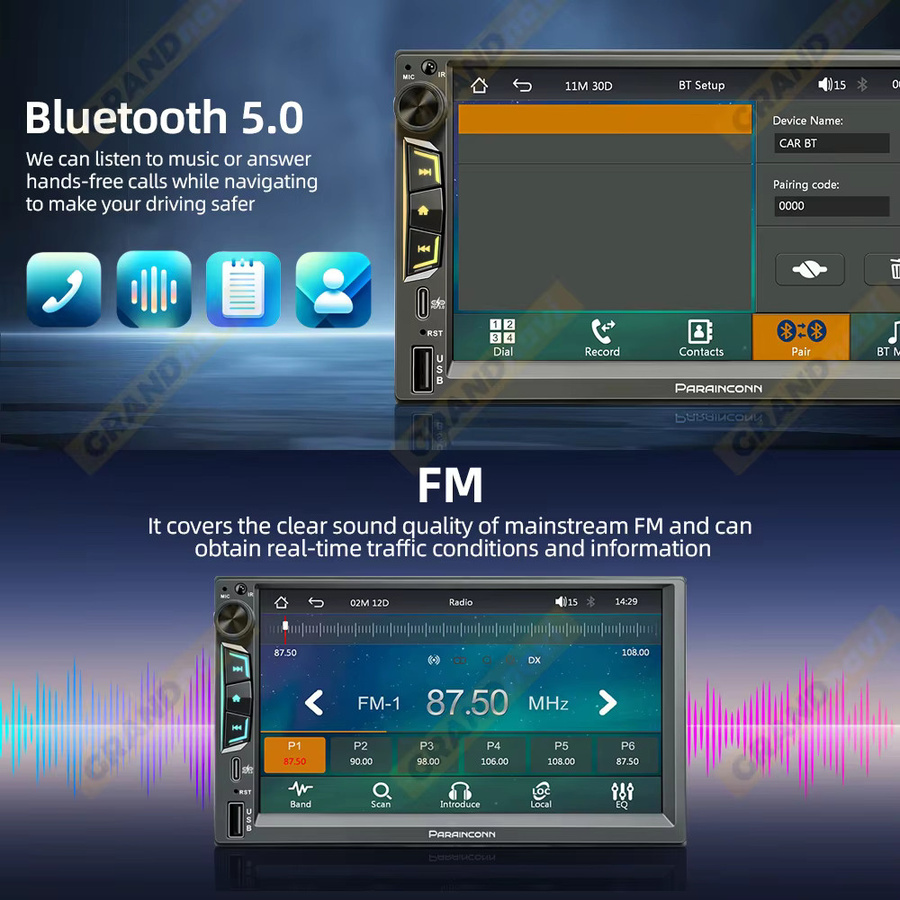 Grandnavi 2DIN 7-Zoll Autoradio MP5-Player mit Bluetooth, kabellosem CarPlay, Android Auto und Mirrorlink in Schwarz - Bild 6