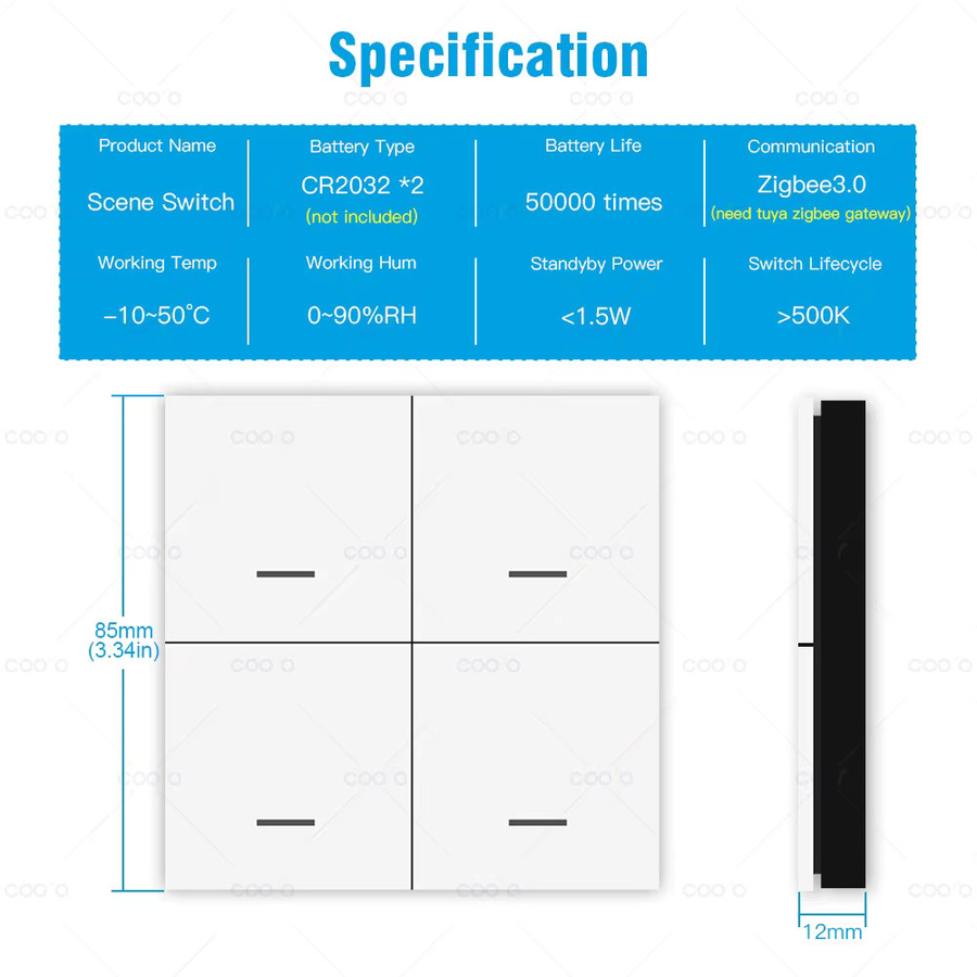 Coolo Tuya ZigBee 4-Gang-Szenenschalter in Weiß zur smarten Beleuchtungssteuerung via Smart Life App - Bild 2